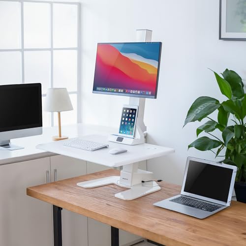 Mount-It! Electric Standing Desk Converter, Adjustable Tabletop Sit Stand Desk Riser with Single Monitor Mount for Monitors up to 32", Freestanding 28" Wide Platform Rises up to 20.75" White Mount-It!