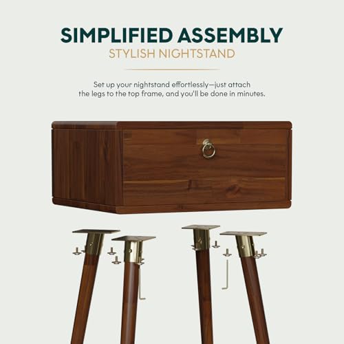 Bme Alden Solid Wood Nightstand/Side Table/End Table, Fully Assembled, with 1-Drawer for Mid Century Bedroom and Living Room, (12mm), Dark Chocolate Bme