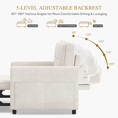 DWVO 55" Convertible Sofa, 3-in-1 Sleeper Sofa with Pull-Out, Velvet Futon Couch with Adjustable Backrest and USB, Modern Loveseat for Living Room Apartment, Light Beige DWVO