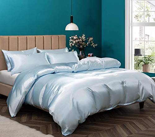 P Pothuiny 5 Pieces Satin Duvet Cover Full/Queen Size Set, Luxury Silky Like Baby Blue Duvet Cover Bedding Set with Zipper Closure, 1 Duvet Cover + 4 Pillow Cases (No Comforter) P Pothuiny