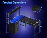 MOTPK 43” L Shaped Gaming Desk for Small Rooms, Compact Corner Computer Table with Shelf & Hutch, 4 Drawers, Reversible Study Desk with LED Light, Power Outlets & USB Ports, Home Office Table, Black MOTPK