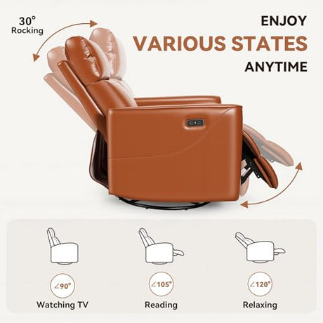 Himimi Power Recliner Chair, Swivel Rocker Recliner with Massage and Heat, Nursery Glider for Living Room, Small Space, Faux Leather, USB, Side Pockets, Orange-Brown Himimi