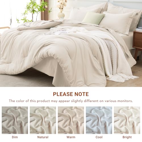 MUXHOMO 7 Pieces Full Comforter Set, Soft Bed in a Bag Full Size, All Season Bedding Set with Comforter, Flat Sheet, Fitted Sheet, Pillowcases & Shams, Beige MUXHOMO