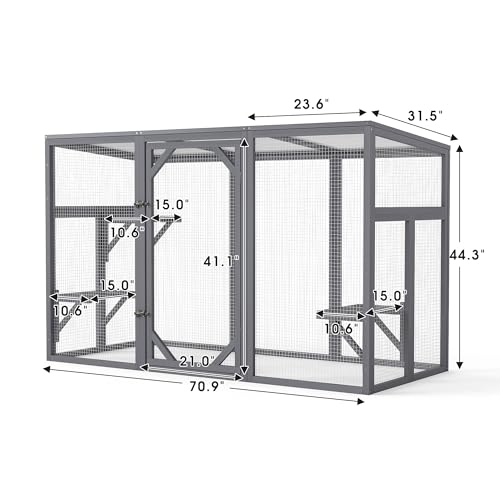 Outdoor Cat Catio House, Wooden Cat Habits with 3 Platforms, Lockable Doors, Top PC Sun Roof, Patio Yard Window Enclosures, Weatherproof, Gray Nyeekoy
