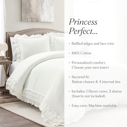 Lush Decor Ella Ruffle Lace 100% Cotton Duvet Cover, 3 Piece Set, Full/Queen, White - Cute Comforter - Queen Bedding Set - White Bedding Full Size - Coquette Decor - Neutral Lace Trim - Ruffle Trim Lush Decor