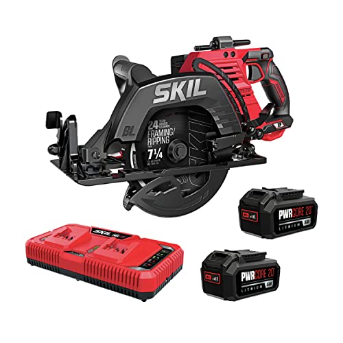 SKIL 2x20V PWR CORE 20 Brushless 7-1/4” Rear Handle Circular Saw Kit Includes Two 5.0Ah Batteries and Dual Port Auto PWR Jump Charger-CR5429B-20, Red - WoodArtSupply