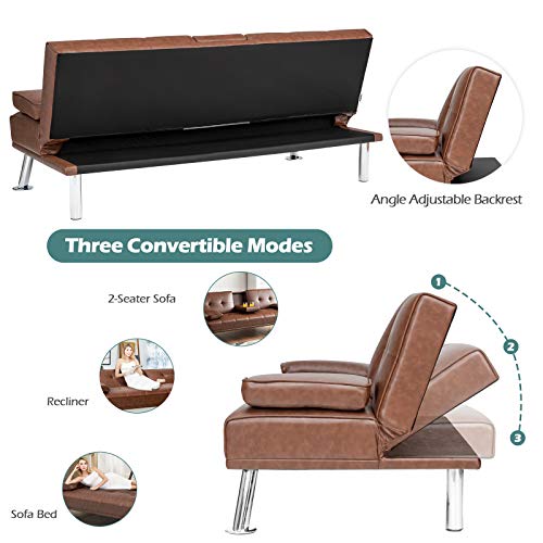 Giantex Convertible Futon Sofa Bed, Faux Leather Sectional Couch Sleeper, Removable Armrests 2 Cup Holders Backrest Adjustable, Upholstered Small Guest Bed for Apartment Living Room Brown Giantex