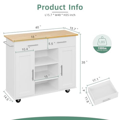 Shintenchi Kitchen Storage Island Cart with 3 Open Shelves, 2 Drawers and 2 Cabinets, Kitchen Cart on Wheels with Handle/Towel Rack, White