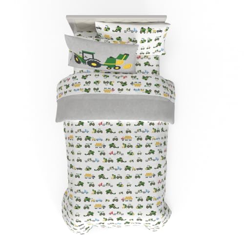 Franco Kids John Deere Farm Equipment Bedding 4 Piece Super Soft Reversible Comforter and Sheet Set, Twin, (Officially Licensed Product) Franco