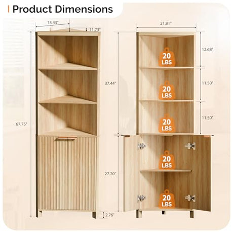 VINGLI 68" Tall Corner Cabinet with Fluted Doors,Corner Bathroom Storage Cabinet Pantry Hutch Display Shelves Adjustable for Kitchen, Living Room Modern Space Saver Shelf Bathroom Furniture,Oak VINGLI