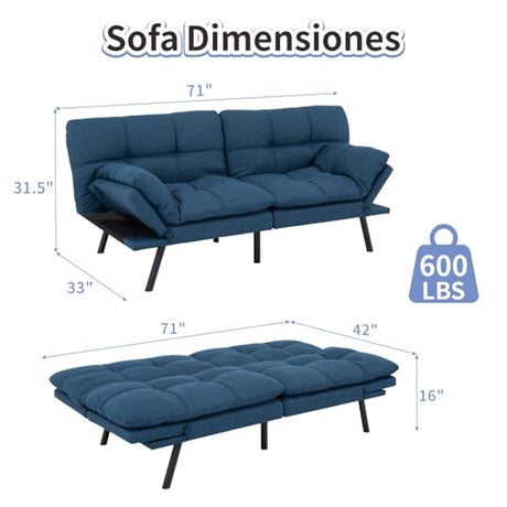 MUUEGM Futon Sofa Bed Memory Foam Navy Blue Futons Modern Office Couch Sleeper Bed Convertible Love seat Sofa for Small Spaces,Apartment,Office with Adjustable Armrest Backrest MUUEGM