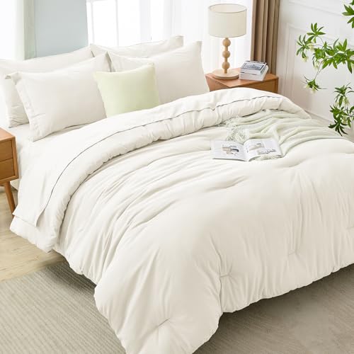 MUXHOMO 7 Pieces Full Comforter Set, Soft Bed in a Bag Full Size, All Season Bedding Set with Comforter, Flat Sheet, Fitted Sheet, Pillowcases & Shams, Ivory MUXHOMO