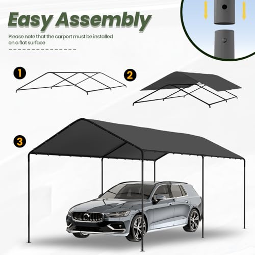 Carport, 10‘ x 20’ Heavy Duty Portable Garage All-Season Car Canopy, Outdoor Garage Boat Shelter Carport Canopy Party Tent w/Water-Resistant Tarp for Backyard (Grey, 10' x 20' /no Side) Phonjoroo