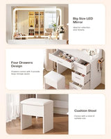 LIVELYGLOW Makeup Vanity Desk Set, White, 35.4“W x 15.7" D x 53.9" H (Large Smart LED Mirror, with Cushion Stool, Hairdryer Rack, Power-Outlet, 4 Drawers) LIVELYGLOW