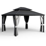 PAMAPIC 12'x14' Hardtop Gazebo, Double Roof Canopy with Netting and Curtains,2-Tier Hardtop Gazebo with Galvanized Iron Aluminum Frame, GardenTent for Backyard, Parties, Garden, Black Pamapic