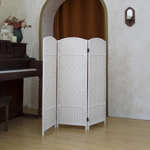 Pawlabay Compact 3 Panel Short Room Divider, 47.2 Inch Tall Double-Sided Rattan Folding Screen for Home & Office,White PawlaBay