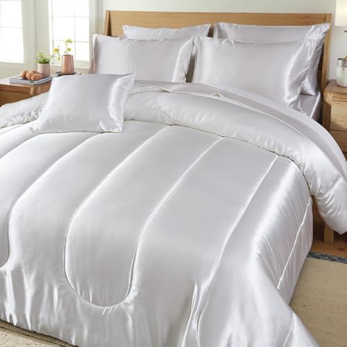 Bedding_Dreamer Silk Like White Comforter Set with Sheet Set King Size 8 Pieces Satin Bedding Set Silky Bed-in-a-Bag Luxury Hotel Soft Silky Comforter Set with 1 Cushion Cover Vegan Silky Bed Set Bedding_Dreamer