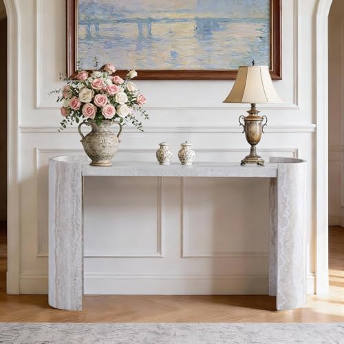 BFJDM 53" Faux Travertine Stone Console Table for Entryway, Sofa Entrance Table with Faux Mars Marble Pattern, Modern Sofa Tables with Round Raised Edge Design for Living Room, Hallway, Foyer, Beige BFJDM