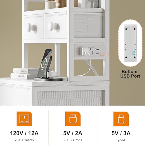 REAHOME 41 Inch Tall Nightstand with Charging Station, LED Night Stand with 6 Fabric Drawers, Bed Side Table with 3-Tier Wood Storage Shelves for Bedroom, Office, Small Spaces, White REAHOME
