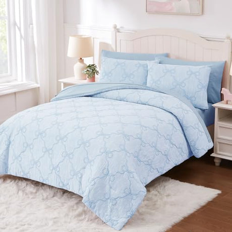 Wink Deer Full Size Comforter Sets with Sheets for Girls-7 Pieces Full Size Bedding Sets with Light Blue Comforter, Sheets, Pillowcases & Shams for Kids (Light Blue Diamond, 76" X 86") Wink Deer