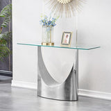 Modern Entryway Console Table with Tempered Glass Top & U Shape Stainless Steel Pedestal Base, Long Consle Table Behind Couch, Hallway Table for Entryway, Living Room Console Table, Foyer Table,Silver TehRecBT