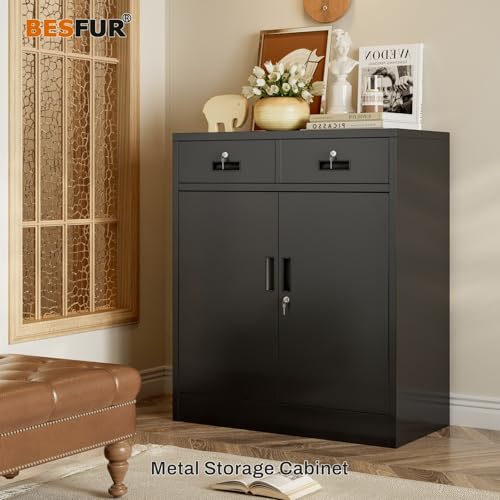 BESFUR Metal Storage Cabinet, Garage Storage Cabinet with 2 Drawers and Adjustable Shelf, Locking Short Storage Cabinet for Office Garage Home, Black Metal Cabinets(36" H x 31.5" W x 16" D) BESFUR