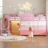 VIAGDO Low Loft Bed Twin Size with 9 Storage Drawers and LED Lights, Metal Twin Loft Bed with Stairway Shelf Storage, Low Loft Bed with Safety Guardrail and Under-Bed Hideaway for Kids, Pink VIAGDO