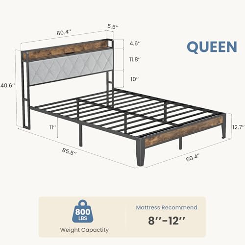 DUMOS Queen Bed Frame with Headboard, Storage Headboard with USB Charging Station, Durable Squeak-Free Frame, Simple No-Tool Assembly,Works with Queen Mattress No Box Spring Needed DUMOS