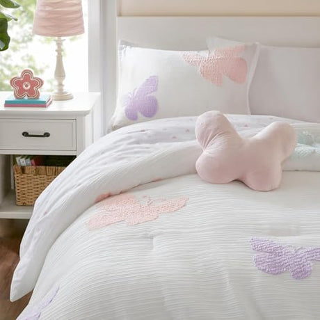 Intelligent Design Kids Rio Twin Comforter Set – Girls’ Reversible Tufted Chenille Bedding with Pastel Purple Butterflies and Pink Dot, 3pcs Intelligent Design