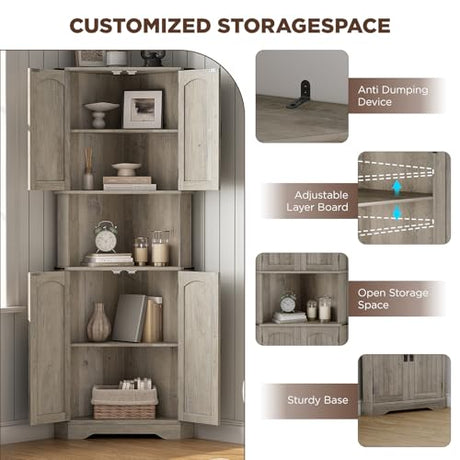 Maupvit Tall Corner Cabinet, Farmhouse Corner Storage Cabinet with 4 Barn Doors and Adjustable Shelves, Storage Pantry Cabinet for Kitchen, Living Room, Laundry Room, Grey Maupvit