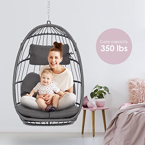 Hanging Egg Chair - Patio Rattan Wicker Swing Egg Chair Hammock Chair for Indoor Outdoor Bedroom Garden - Aluminum Steel Frame UV Resistant Cushion (Aluminum-Without Stand, Dark Grey)