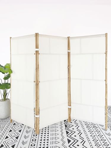 Handcrafted Bamboo 3 Panel Folding Room Divider Privacy Screen, Freestanding 6 Feet Tall Decorative Room Separator, Ecru 100% Cotton Fabric