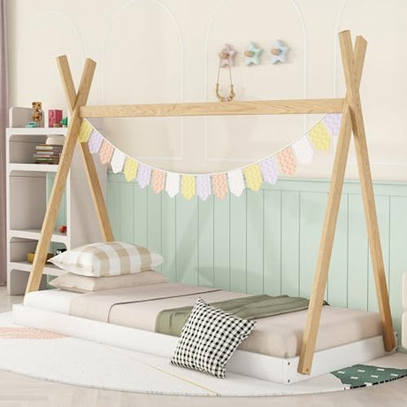 Bellemave Twin Size Teepee Tent Floor Bed Frame with Triangle Structure for Kids - Montessori White and Natural Design Bellemave