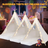 4 Pack Teepee Tent for Kids [Thickened] with Light String and Inflatable Airbed, Slumber Party Tents, Sleepover Tents Party for Girls Boys Indoor Outdoor (White) WOUDY