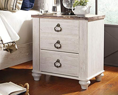 Signature Design by Ashley Willowton Farmhouse 2 Drawer Nightstand with USB Charging Ports, Whitewash - WoodArtSupply