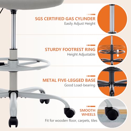 Sweetcrispy Tall Drafting Office Desk Chair - Ergonomic High Stool Computer Chair with Adjustable Height and Comfy Lumbar Support, Rolling Counter Height Chairwith Flip-up Arm and Footrest, Grey Sweetcrispy