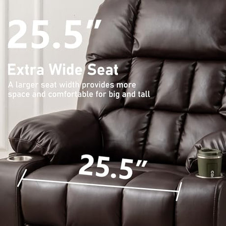 RHHVVR Oversized Power Recliner Chair for Big and Tall 400 LBS, 25.5" Extra Wide Electric Lift Chair with Heat and Massage, Dual Motor 180° Lay Flat Recliner Living Room Sofa, PU Leather Big Recliner RHHVVR