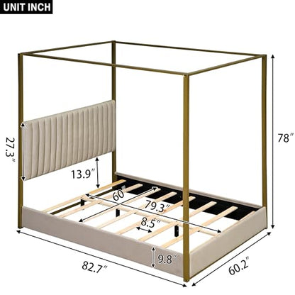 CABSETT Queen Size Upholstery Platform Bed with Wood Slat Support, Linen Canopy Bed with Headboard and Metal Frame, No Box Spring Needed, Beige