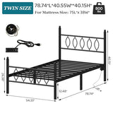 Samurbex Twin Size Bed Frame with Headboard,Black Metal Platform Bed Frame Twin Size with Charging Station & LED Lights,12-Inch Under Bed Storage,No Box Spring Needed,Noise Free,Easy to Assemble Samurbex