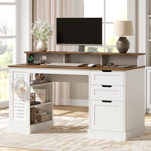 STHYTON 55inch Farmhouse Executive Desk with 2 Drawers and File Cabinet, Computer Desk with 3-Tier Storage Shelves, Home Office Desk with Charging Station, Pegboard and Monitor Shelf, White and Walnut STHYTON
