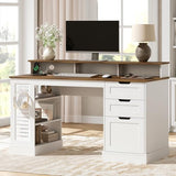STHYTON 55inch Farmhouse Executive Desk with 2 Drawers and File Cabinet, Computer Desk with 3-Tier Storage Shelves, Home Office Desk with Charging Station, Pegboard and Monitor Shelf, White and Walnut STHYTON