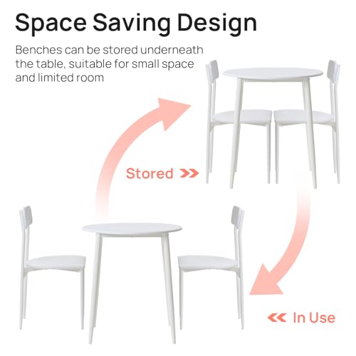 walsport Round Dining Table Set for 2, Wood Tabletop with Strong Metal Frame, Modern Dinette with Chairs for Kitchen,White walsport