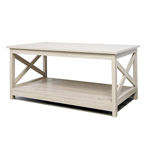 Rainbow Sophia Coffee Table, Modern Farmhouse Wood Coffee Table with 2-Tier Storage, 40 Inch, White Oak - WoodArtSupply