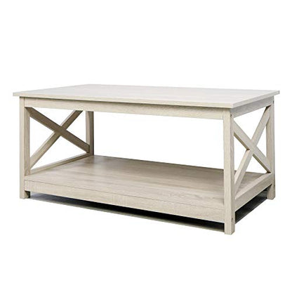 Rainbow Sophia Coffee Table, Modern Farmhouse Wood Coffee Table with 2-Tier Storage, 40 Inch, White Oak - WoodArtSupply