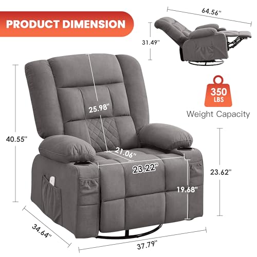 Rocker Recliner Chair with Heating and Kneading Massage for Adults,360°Swivel Rocker Recliner with Cup Holder and USB Charge Port for Living Room,Bedroom, Nursery