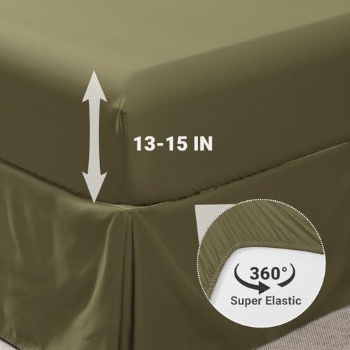 JOLLYVOGUE Olive Green Queen Size Comforter Sets 7 Pieces, Pintuck Bed in a Bag Comforter Set for Bedroom, Bedding Comforter Sets with Comforter, Sheets, Ruffled Shams & Pillowcases JOLLYVOGUE