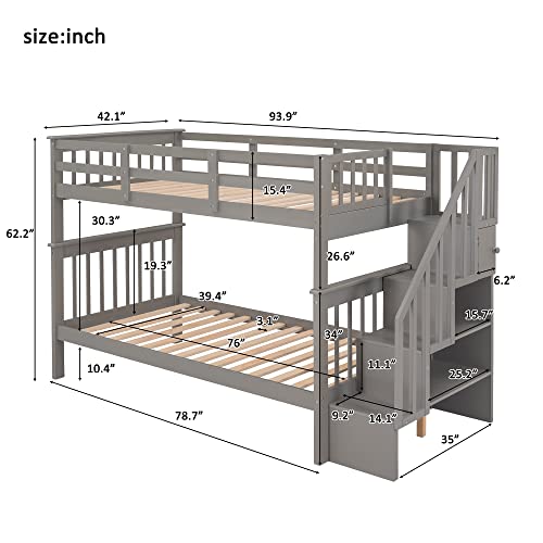 Harper & Bright Designs Twin Over Twin Bunk Bed with Storage Staircase, Wood Bunk Bed with Full-Length Fence Kids, Teens & Adults, Convertible Bunk Beds, Gray Harper & Bright Designs