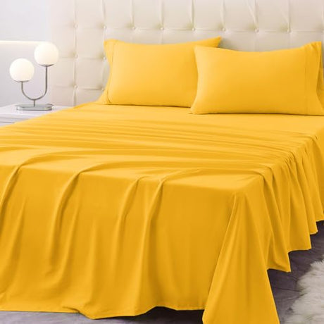 Homilay Queen Size Bed Sheet Set - 4 Piece Soft Microfiber Sheets with Deep Pockets, Cooling Technology, and Wrinkle-Free Pillowcase. Hotel-Quality, Durable Bedding, Spectra Yellow Homilay