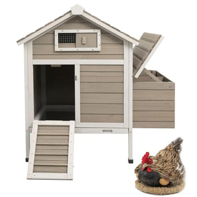 PetsCosset 32" Chicken Coop Wooden Hen House for 1-3 Chickens,Outdoor Poultry Cage with Pull Out Tray,Garden Backyard Chicken Coops Cages with Nesting Box，Chicken Houses Hen Cage with Ramp Run(Grey)
