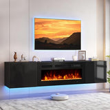OneBlis 70'' Floating TV Stand with 36" Electric Fireplace, Wall Mounted Entertainment Center with Storage for TVs up to 80", Adjustable 12-Color LED Media TV Console for Living Room,All Black OneBlis